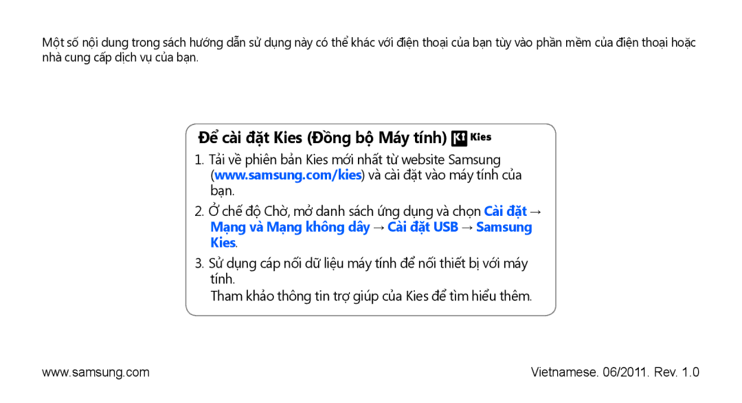 Samsung GT-I9001RWAXXV, GT-I9001HKAXEV, GT-I9001RWAXEV, GT-I9001HKAXXV manual Để cài đặt Kies Đồng bộ Máy tính 
