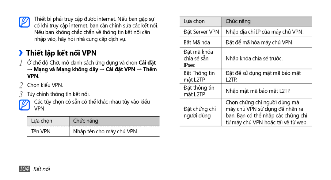 Samsung GT-I9001RWAXXV manual ››Thiết lập kết nối VPN, → Mạng và Mạng không dây → Cài đặt VPN → Thêm VPN, 104 Kết nối 