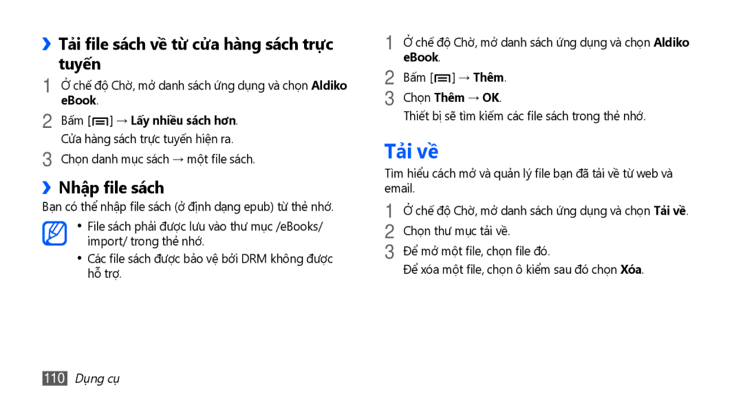 Samsung GT-I9001HKAXXV manual Tả̉i về, ››Tả̉i file sách về từ cửa hàng sách trực tuyến, ››Nhập file sách, Chọn Thêm → OK 