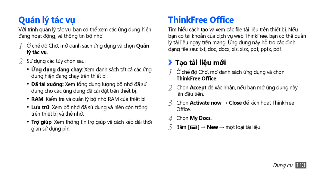 Samsung GT-I9001RWAXEV, GT-I9001HKAXEV manual Quả̉n lý tác vụ, ThinkFree Office, Tạo tài liệu mới, Lý tác vụ, Chọn My Docs 