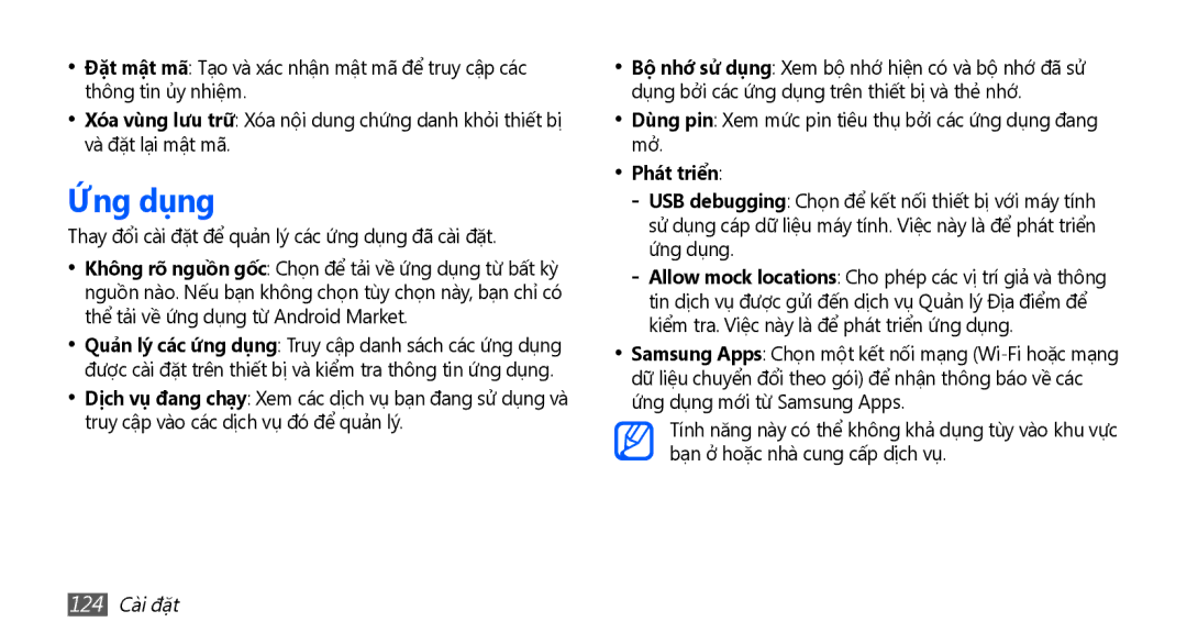 Samsung GT-I9001RWAXXV, GT-I9001HKAXEV, GT-I9001RWAXEV, GT-I9001HKAXXV manual Ứng dụng, Phát triển, 124 Cài đặt 