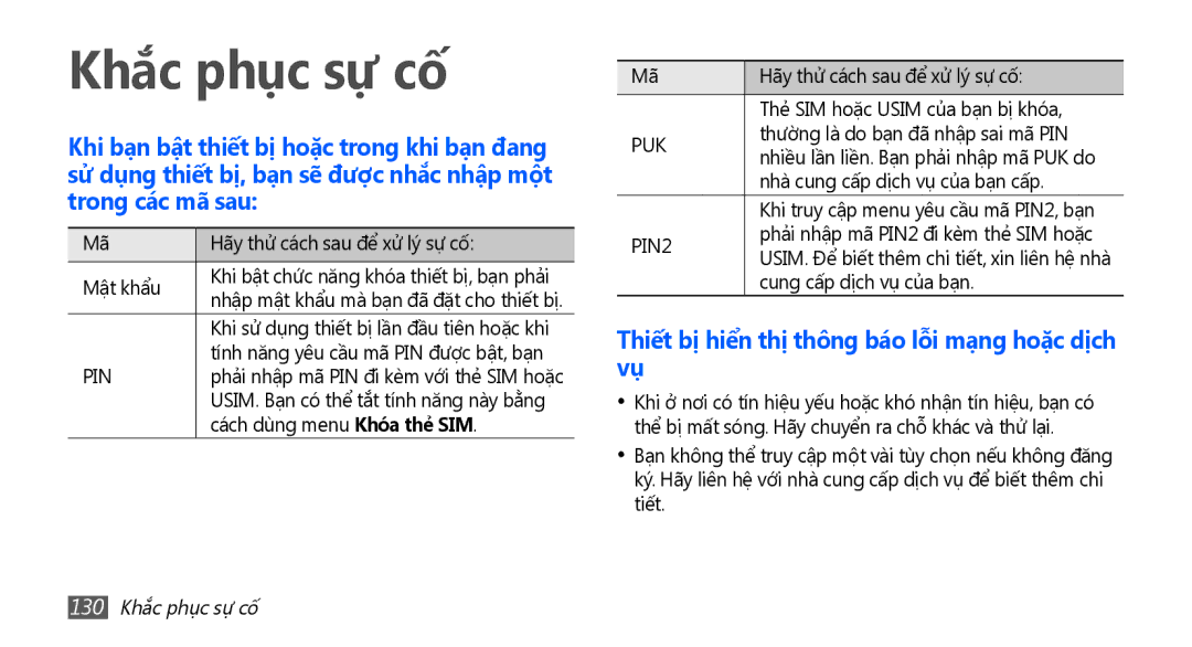 Samsung GT-I9001HKAXXV, GT-I9001HKAXEV manual Thiết bị hiển thị thông báo lỗi mạng hoặc dịch vụ, 130 Khắc phục sự cố 