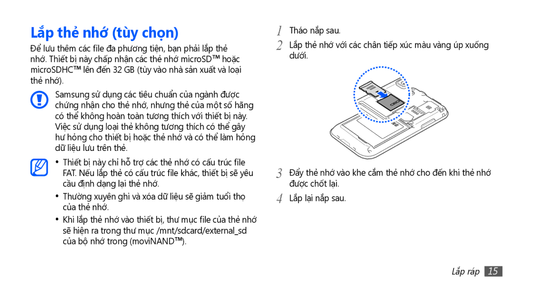 Samsung GT-I9001HKAXEV, GT-I9001RWAXXV, GT-I9001RWAXEV, GT-I9001HKAXXV manual Lăp the nhơ tùy chọn, Dưới, Được chốt lại 