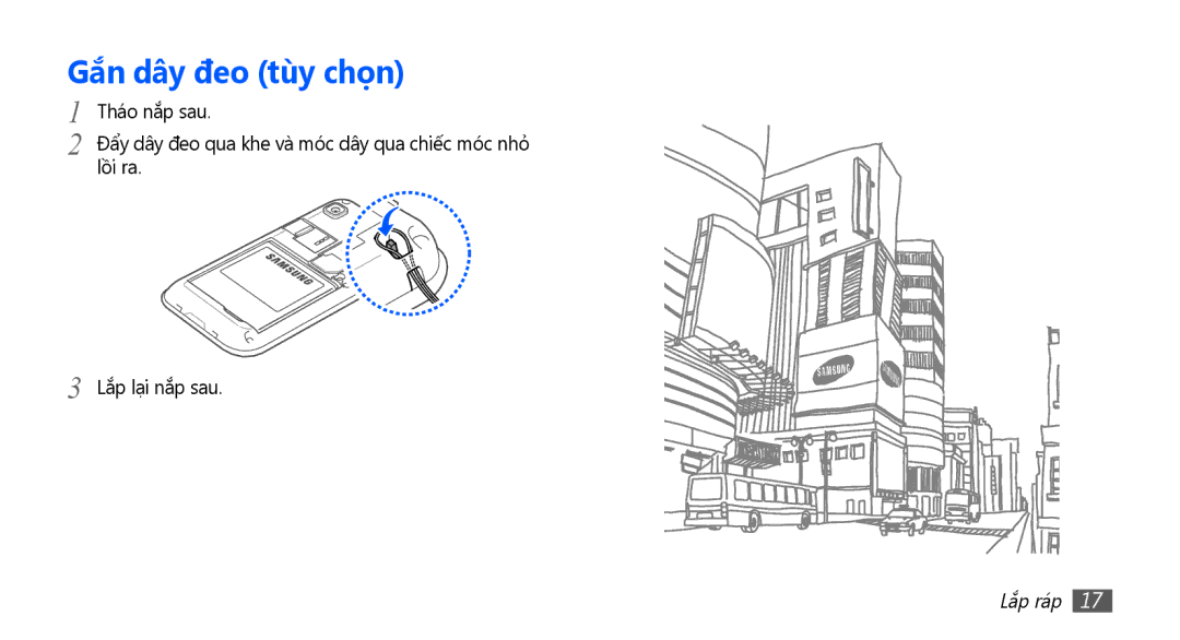 Samsung GT-I9001RWAXEV, GT-I9001HKAXEV, GT-I9001RWAXXV, GT-I9001HKAXXV manual Gắn dây đeo tùy chọn 
