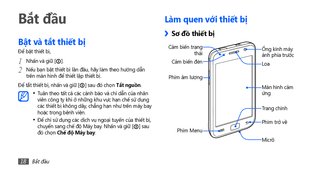 Samsung GT-I9001HKAXXV, GT-I9001HKAXEV manual Lam quen vơi thiết bị Bật và tắt thiết bị, ››Sơ đồ thiết bị, 18 Bắt đầu 