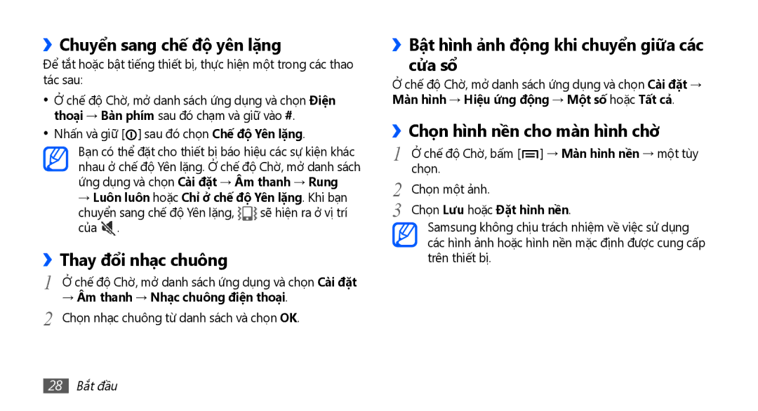 Samsung GT-I9001RWAXXV manual ››Chuyển sang chế độ yên lặng, ››Thay đổi nhạc chuông, ››Chọn hì̀nh nền cho màn hì̀nh chờ 
