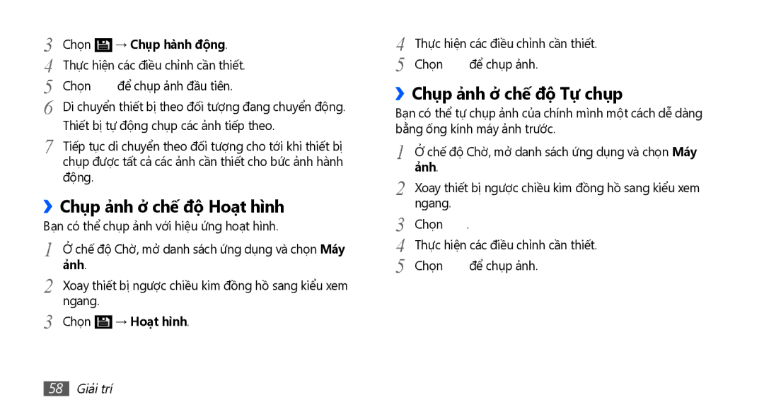 Samsung GT-I9001HKAXXV manual ››Chụp ả̉nh ở chế độ Hoạt hì̀nh, ››Chụp ả̉nh ở chế độ Tự chụp, → Chụp hanh đông, → Hoạt hì̀nh 