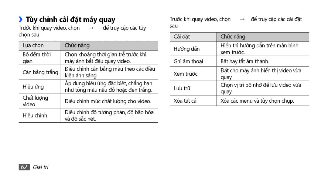 Samsung GT-I9001HKAXXV manual Tùy chỉnh cài đặt máy quay, Trước khi quay video, chọn → để truy cập các tùy, 62 Giải trí 