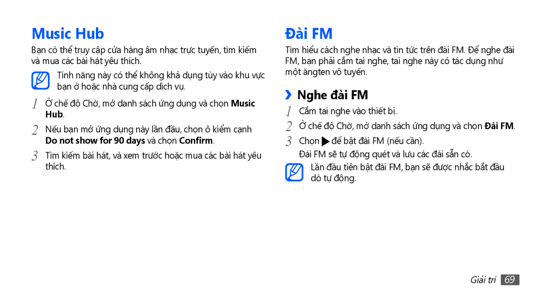 Samsung GT-I9001RWAXEV, GT-I9001HKAXEV, GT-I9001RWAXXV manual Music Hub, Đài FM, Do not show for 90 days và chọn Confirm 