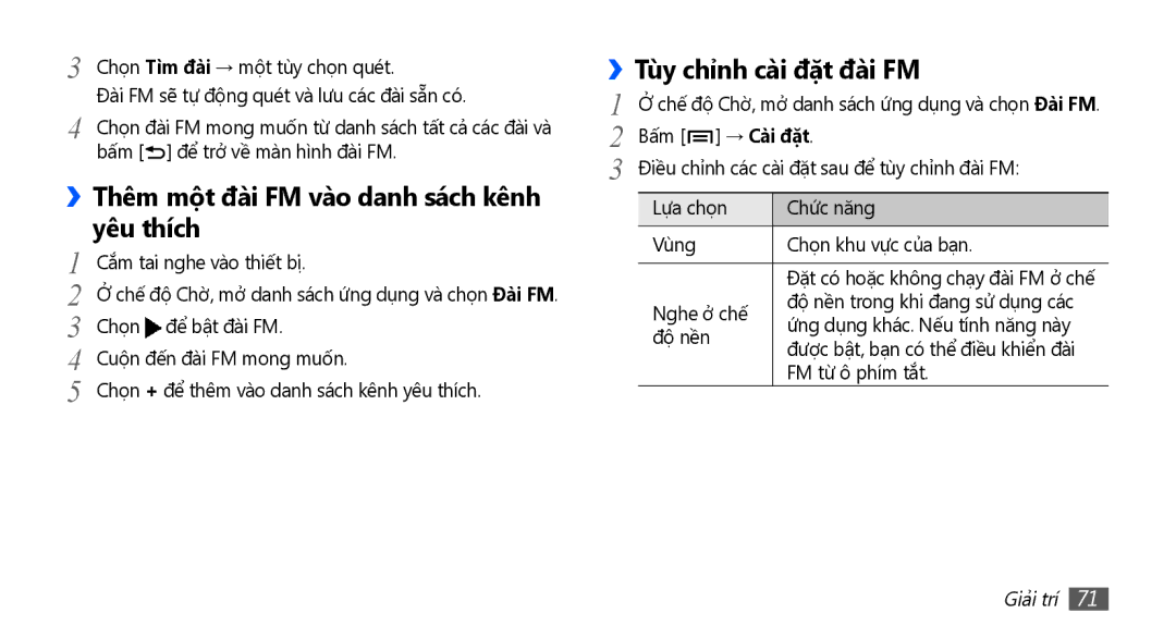 Samsung GT-I9001HKAXEV, GT-I9001RWAXXV manual ››Thêm một đài FM vào danh sách kênh yêu thích, Tùy chỉnh cài đặt đài FM 