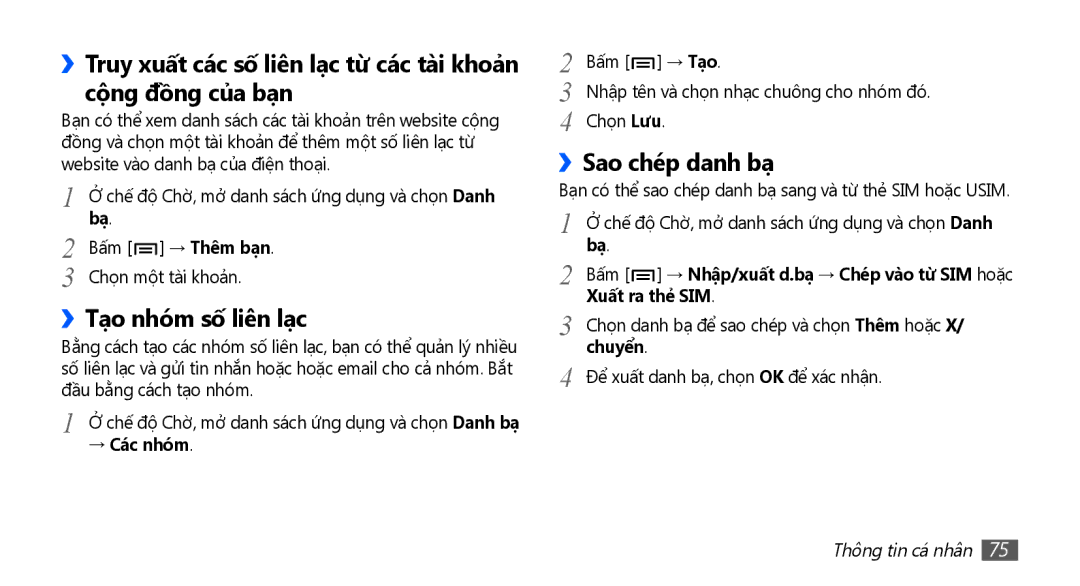 Samsung GT-I9001HKAXEV, GT-I9001RWAXXV manual ››Tạo nhóm số liên lạc, ››Sao chép danh bạ, → Các nhóm, Xuất ra thẻ SIM 