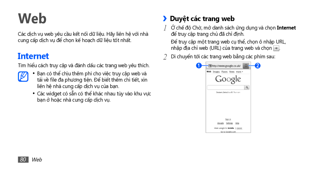 Samsung GT-I9001RWAXXV, GT-I9001HKAXEV, GT-I9001RWAXEV, GT-I9001HKAXXV manual Internet, ››Duyệt các trang web, 80 Web 