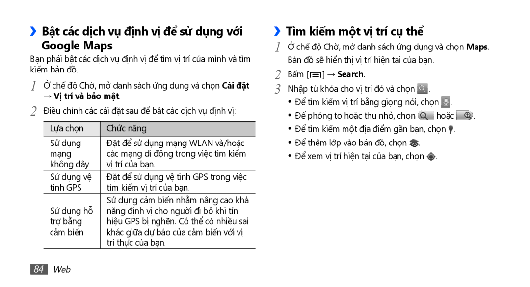 Samsung GT-I9001RWAXXV manual ››Bật các dịch vụ định vị để sử dụng với Google Maps, Tì̀m kiếm một vị trí cụ thể, 84 Web 