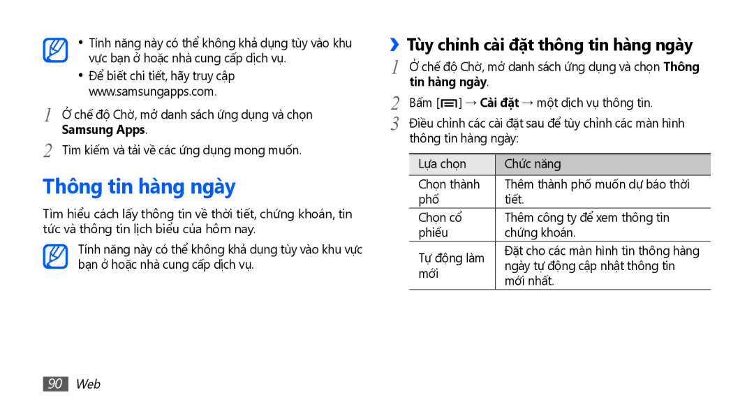 Samsung GT-I9001HKAXXV, GT-I9001HKAXEV Thông tin hàng ngày, ››Tùy chỉnh cài đặt thông tin hàng ngày, Tin hàng ngày, 90 Web 