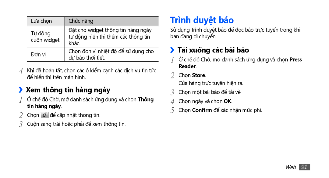 Samsung GT-I9001HKAXEV, GT-I9001RWAXXV manual Trì̀nh duyệt báo, Xem thông tin hàng ngày, Tả̉i xuống các bài báo, Reader 