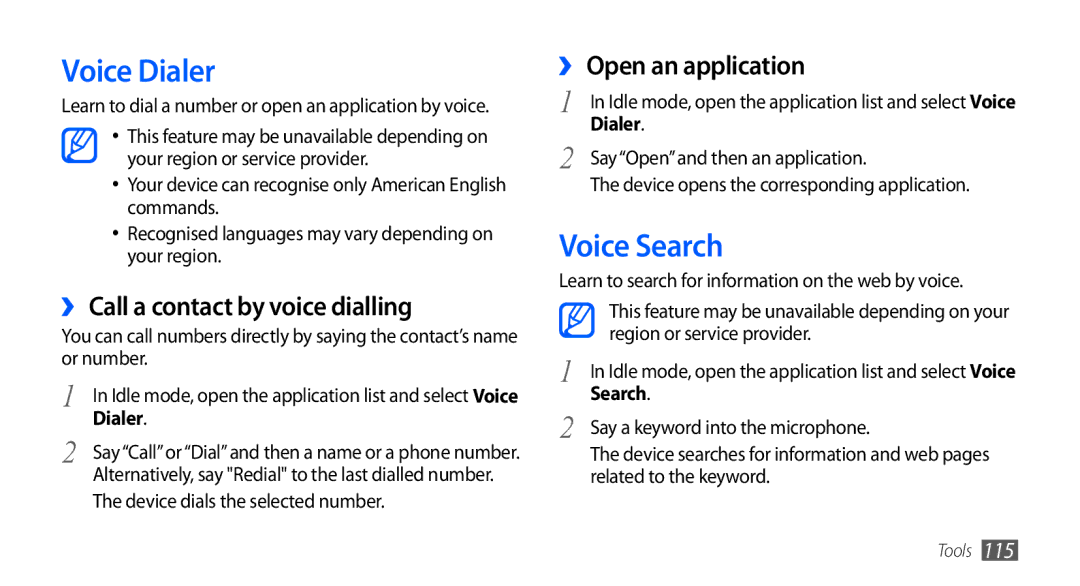 Samsung GT-I9001HKAXXV manual Voice Dialer, Voice Search, ›› Call a contact by voice dialling, ›› Open an application 