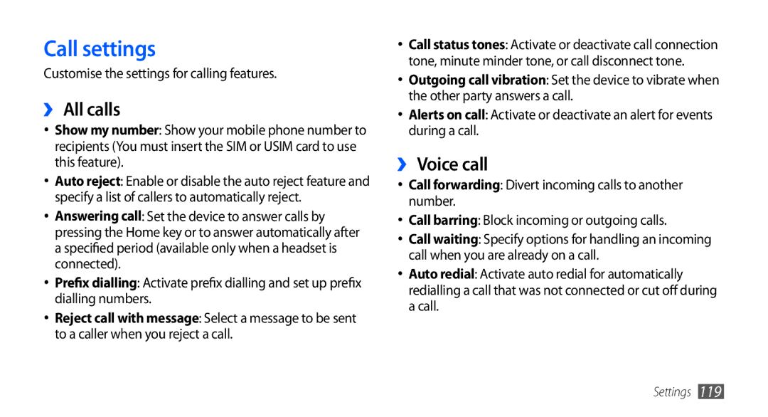 Samsung GT-I9001HKDSKZ manual Call settings, ›› All calls, ›› Voice call, Customise the settings for calling features 