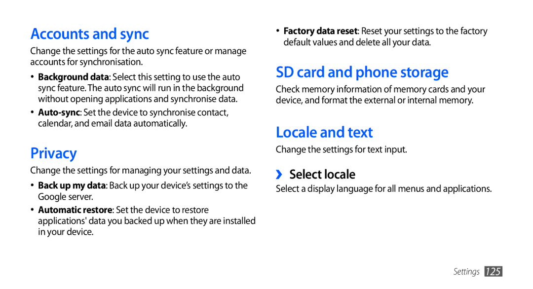 Samsung GT-I9001UWDKSA manual Accounts and sync, Privacy, SD card and phone storage, Locale and text, ›› Select locale 