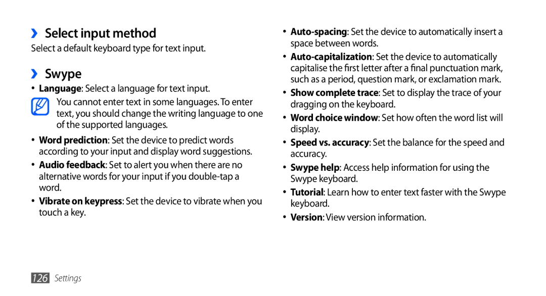 Samsung GT-I9001UWAJED, GT-I9001HKAXSG ›› Select input method, ›› Swype, Select a default keyboard type for text input 