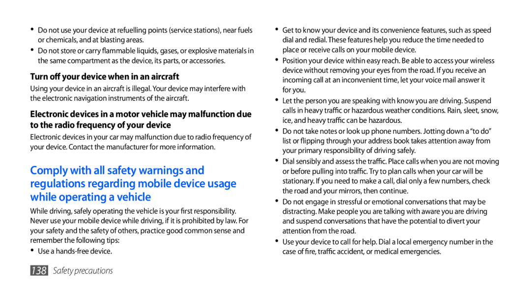 Samsung GT-I9001RWDJED, GT-I9001HKAXSG, GT-I9001RWAKSA, GT-I9001RWDAFR manual Turn off your device when in an aircraft 