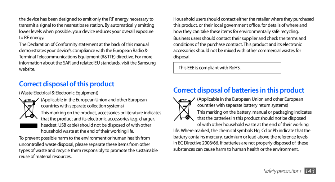 Samsung GT-I9001RWAXEV, GT-I9001HKAXSG Correct disposal of this product, Correct disposal of batteries in this product 