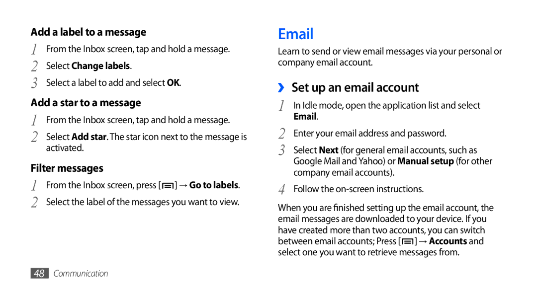 Samsung GT-I9001UWDJED, GT-I9001HKAXSG, GT-I9001RWAKSA, GT-I9001RWDAFR manual ›› Set up an email account, Select Change labels 