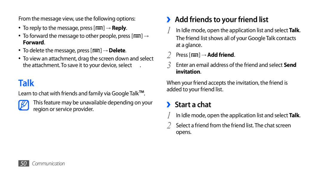 Samsung GT-I9001RWDTHR, GT-I9001HKAXSG manual Talk, ›› Add friends to your friend list, ›› Start a chat, Invitation, Opens 
