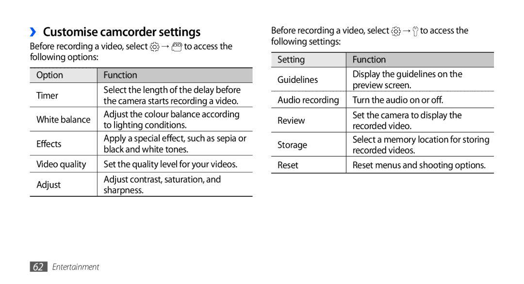 Samsung GT-I9001HKAJED, GT-I9001HKAXSG, GT-I9001RWAKSA, GT-I9001RWDAFR, GT-I9001HKDSKZ manual ›› Customise camcorder settings 