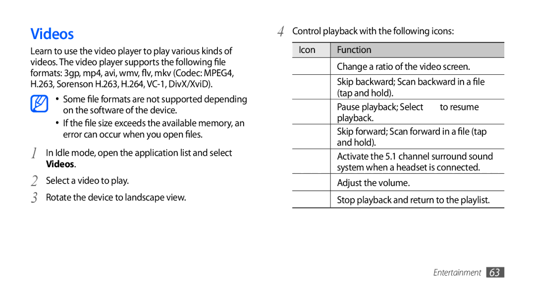 Samsung GT-I9001RWDKSA, GT-I9001HKAXSG, GT-I9001RWAKSA, GT-I9001RWDAFR Videos, To resume, Playback, Hold, Adjust the volume 