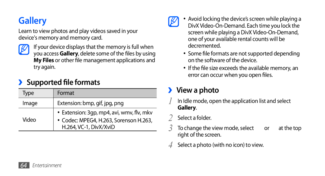 Samsung GT-I9001UWAKSA, GT-I9001HKAXSG, GT-I9001RWAKSA, GT-I9001RWDAFR Gallery, ›› Supported file formats, ›› View a photo 