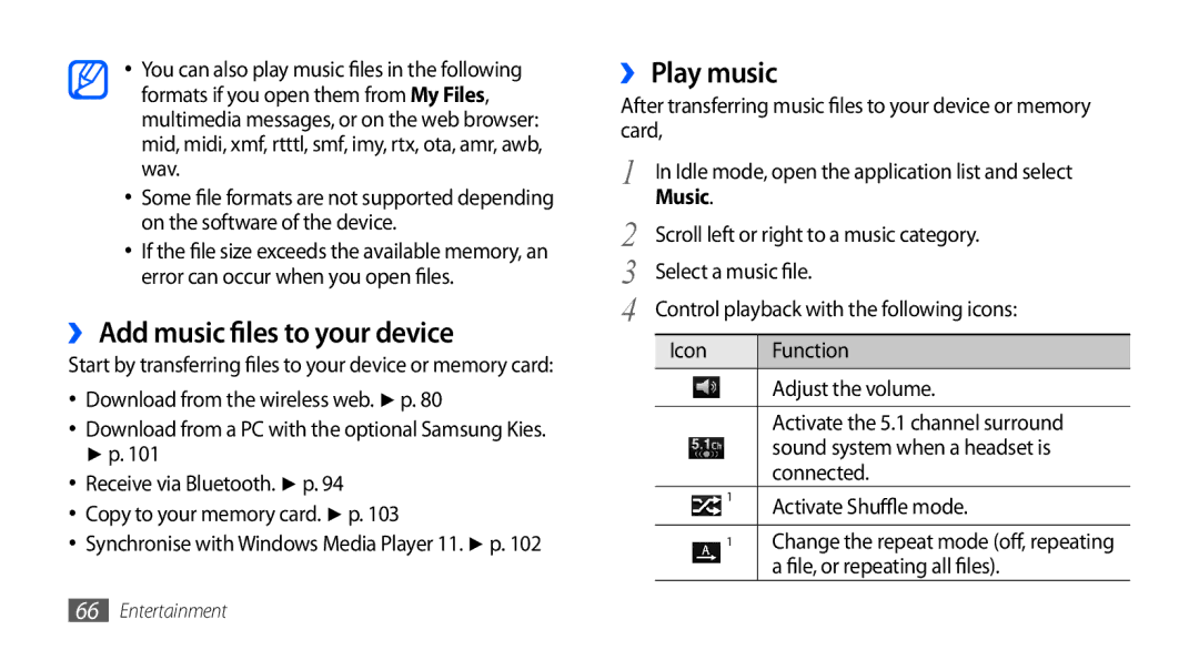 Samsung GT-I9001UWDAFR manual ›› Add music files to your device, ›› Play music, Scroll left or right to a music category 