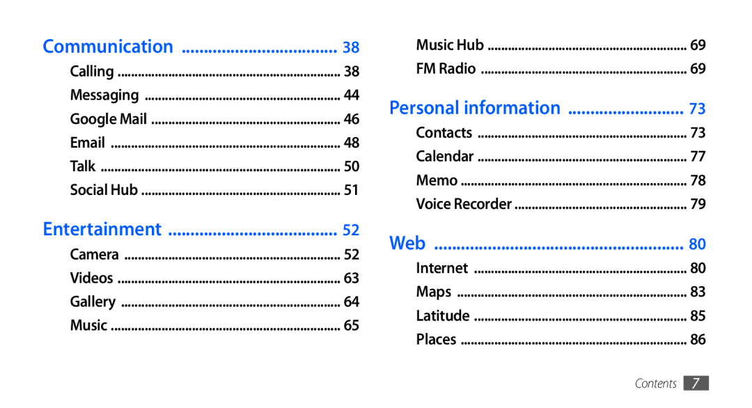 Samsung GT-I9001RWDXSG, GT-I9001HKAXSG, GT-I9001RWAKSA manual Communication, Entertainment, Personal information, Web 