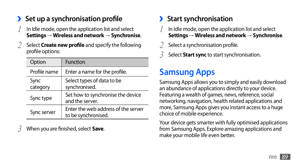 Samsung GT-I9001RWDAFR, GT-I9001HKAXSG manual Samsung Apps, ›› Set up a synchronisation profile, ›› Start synchronisation 