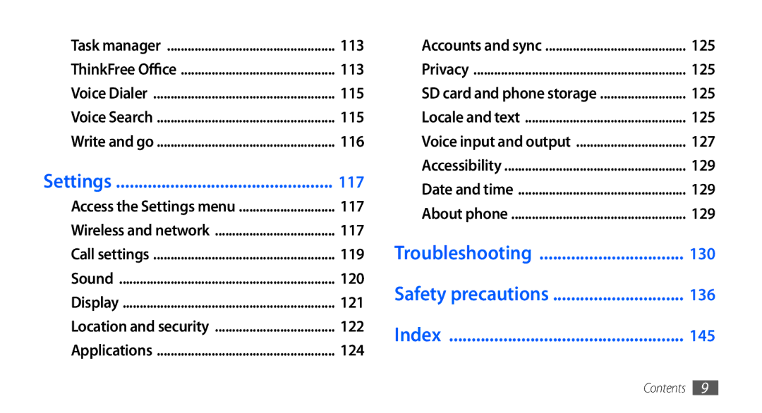 Samsung GT-I9001UWDKSA, GT-I9001HKAXSG, GT-I9001RWAKSA, GT-I9001RWDAFR Settings, Troubleshooting, Safety precautions, Index 