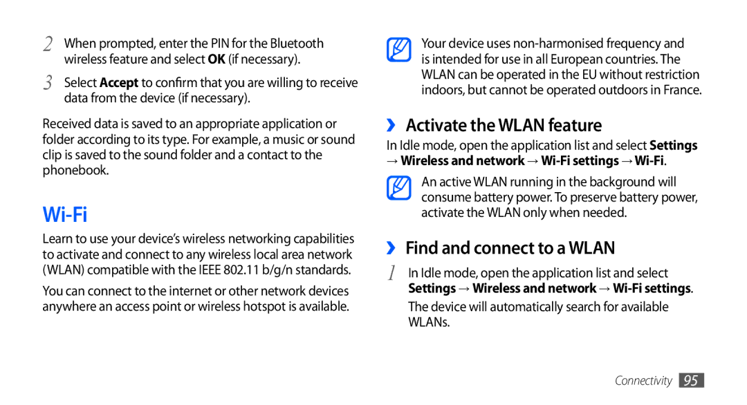 Samsung GT-I9001UWDAFR, GT-I9001HKAXSG, GT-I9001RWAKSA Wi-Fi, ›› Activate the Wlan feature, ›› Find and connect to a Wlan 