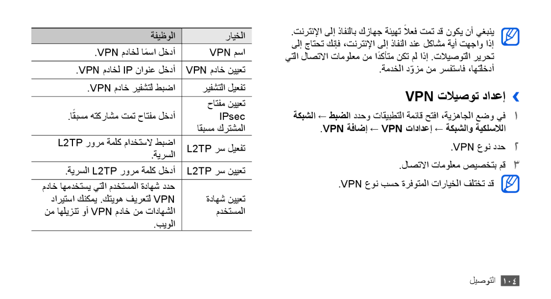 Samsung GT-I9001RWDKSA Vpn تلايصوت دادعإ››, ةيرسلا L2TP رورم ةملك لخدأ, Vpn ةفاضإ ← Vpn تادادعإ ← ةكبشلاو ةيكلسلالا 