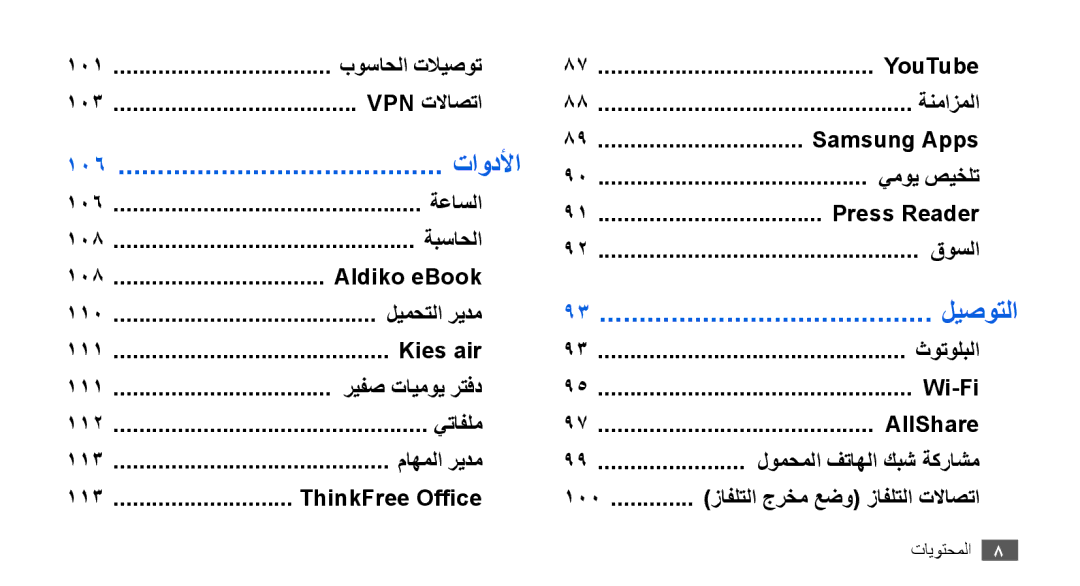 Samsung GT-I9001UWDKSA, GT-I9001HKAXSG, GT-I9001RWAKSA, GT-I9001RWDAFR, GT-I9001HKDSKZ, GT-I9001HKAJED manual ليصوتلا, 106 