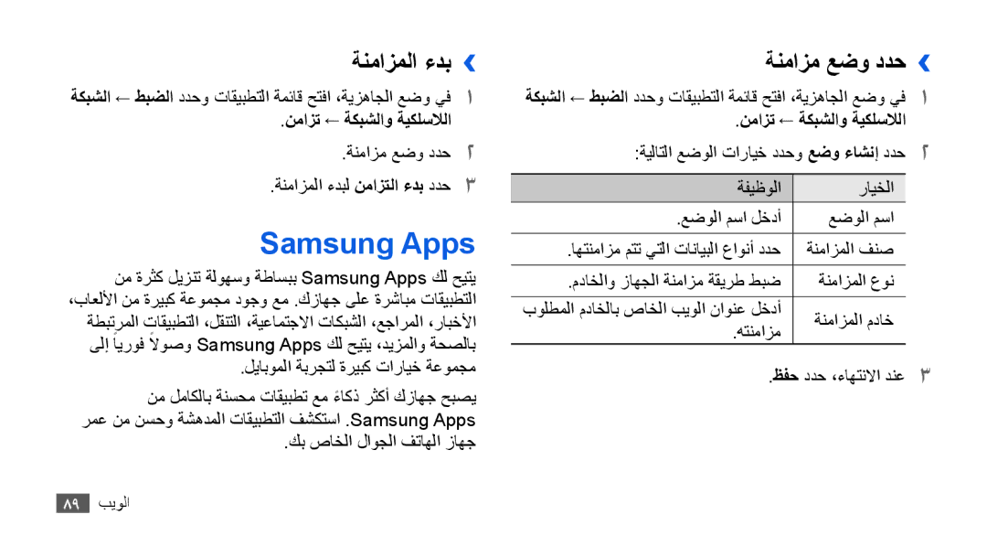 Samsung GT-I9001HKDAFR, GT-I9001HKAXSG manual Samsung Apps, ةنمازملا ءدب››, ةنمازم عضو ددح››, نمازت ← ةكبشلاو ةيكلسلالا 