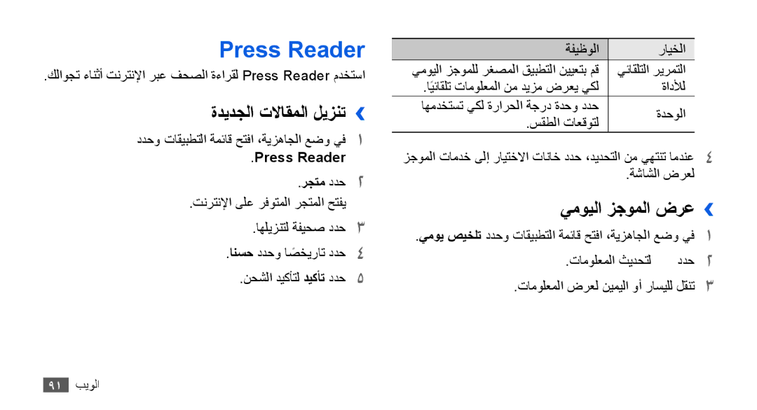 Samsung GT-I9001HKDTHR, GT-I9001HKAXSG manual ةديدجلا تلااقملا ليزنت››, يمويلا زجوملا ضرع››, Press Reader رجتم ددح2 