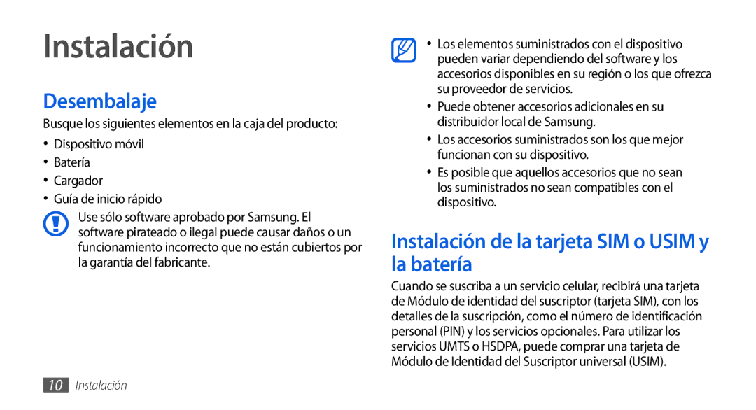 Samsung GT-I9001HKDFOP, GT-I9001HKDDBT, GT-I9001HKDAMN Desembalaje, Instalación de la tarjeta SIM o Usim y la batería 