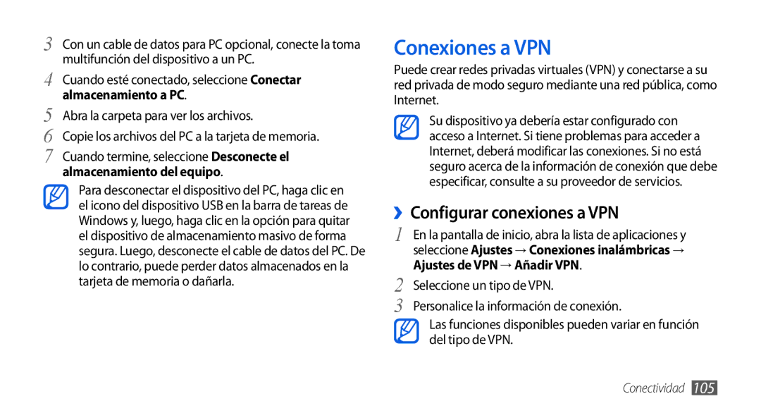 Samsung GT-I9001RWDAMN Conexiones a VPN, ››Configurar conexiones a VPN, Almacenamiento a PC, Almacenamiento del equipo 