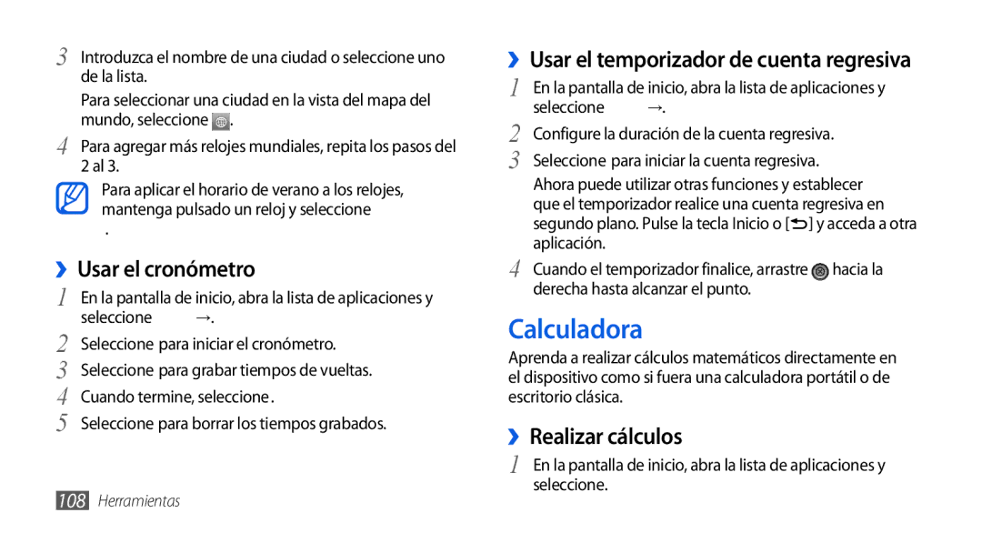 Samsung GT-I9001HKDDBT Calculadora, ››Usar el cronómetro, ››Realizar cálculos, ››Usar el temporizador de cuenta regresiva 