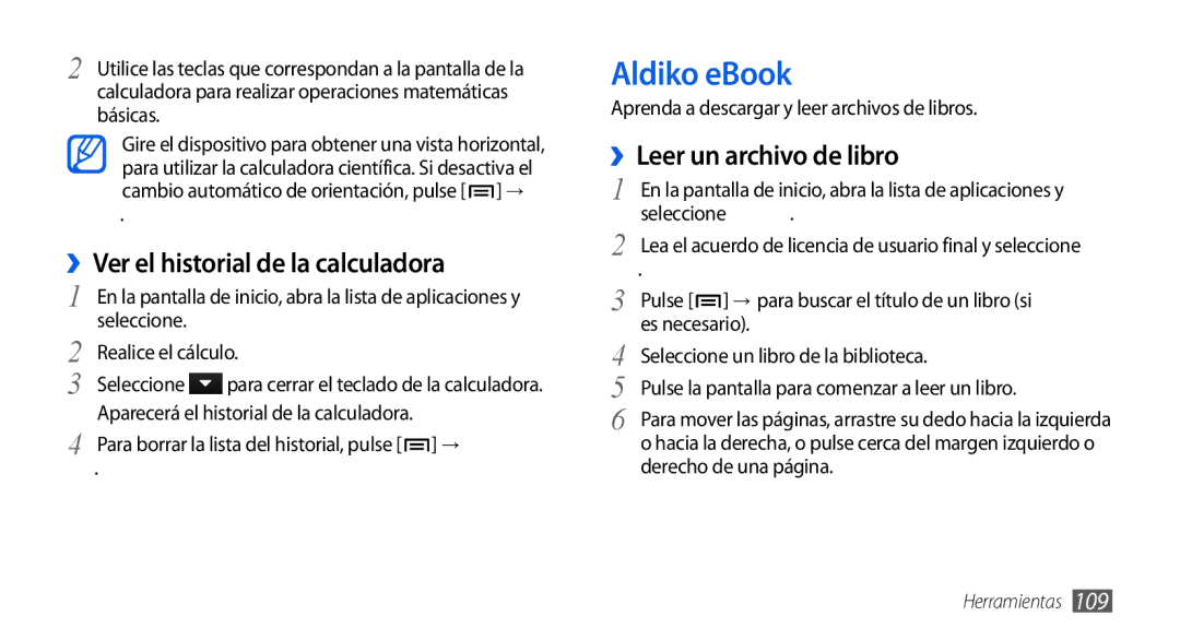 Samsung GT-I9001HKDAMN manual Aldiko eBook, ››Leer un archivo de libro, ››Ver el historial de la calculadora, Historial 