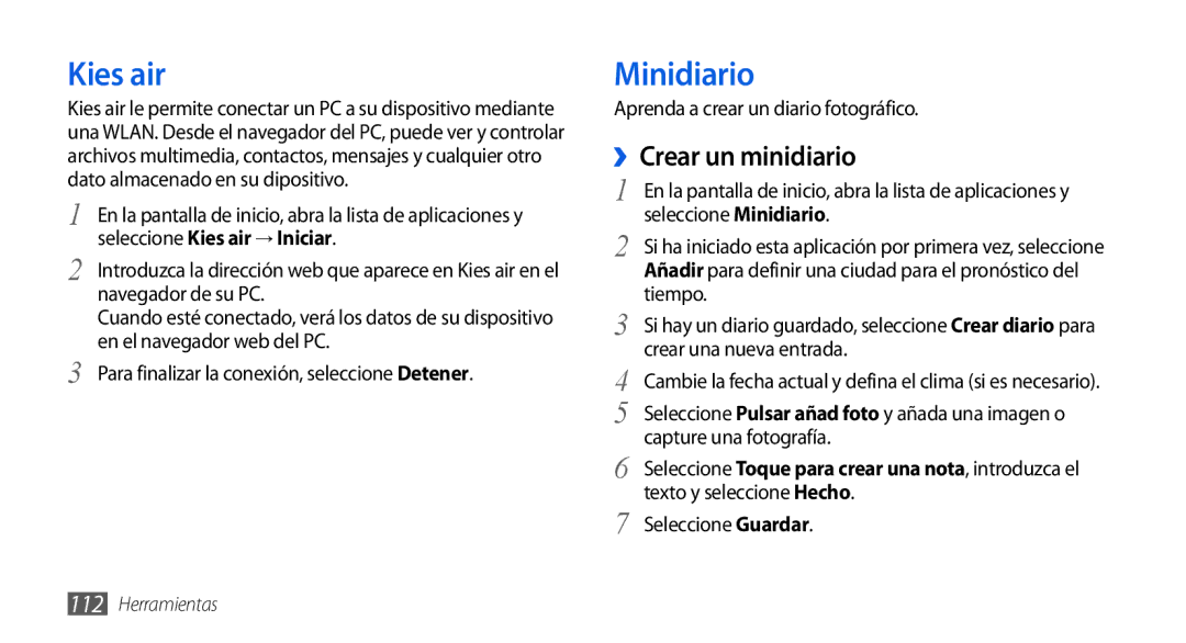 Samsung GT-I9001HKDFOP, GT-I9001HKDDBT, GT-I9001HKDAMN, GT-I9001HKDATL manual Kies air, Minidiario, ››Crear un minidiario 