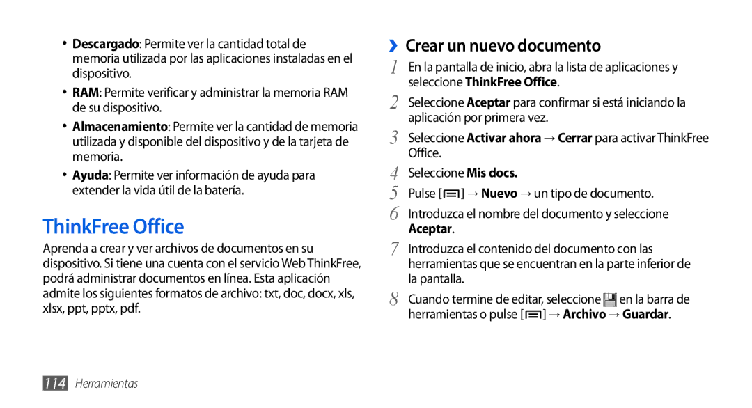 Samsung GT-I9001HKDDBT, GT-I9001HKDAMN, GT-I9001HKDATL, GT-I9001RWDAMN manual ThinkFree Office, ››Crear un nuevo documento 