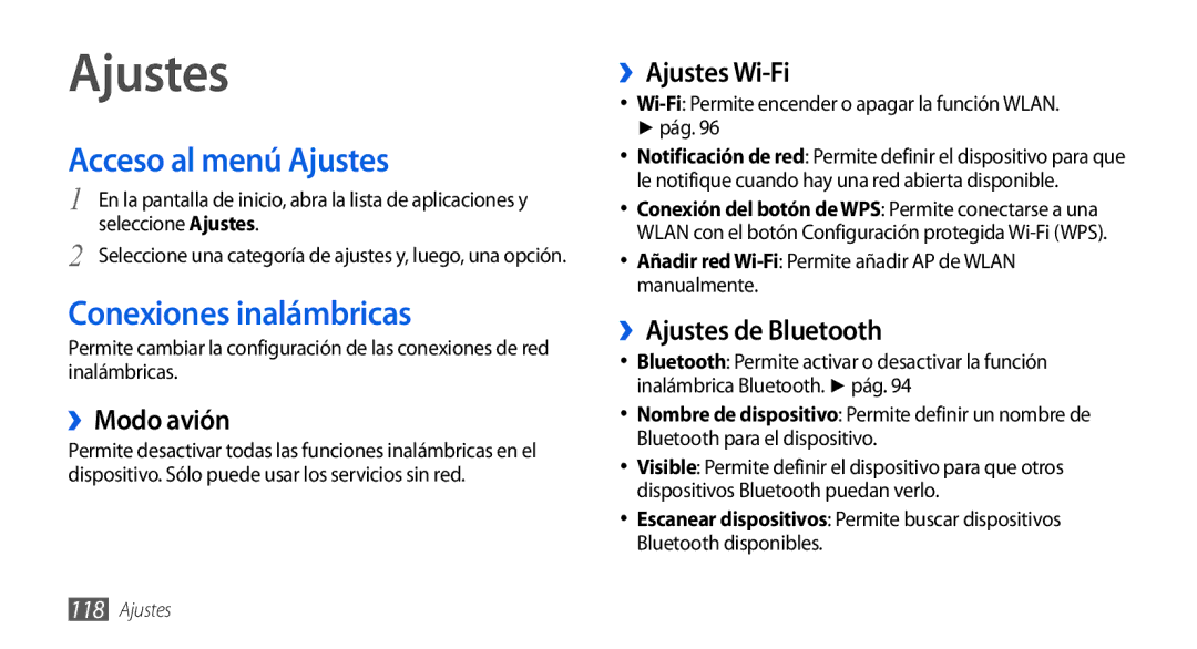 Samsung GT-I9001HKDFOP, GT-I9001HKDDBT, GT-I9001HKDAMN, GT-I9001HKDATL Acceso al menú Ajustes, Conexiones inalámbricas 