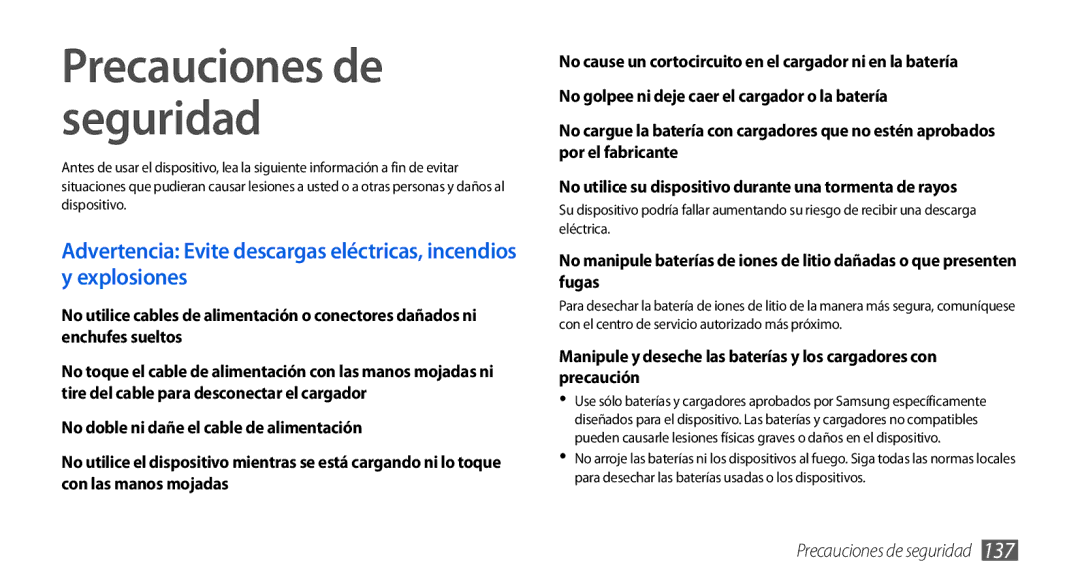 Samsung GT-I9001UWDAMN, GT-I9001HKDDBT, GT-I9001HKDAMN, GT-I9001HKDATL, GT-I9001RWDAMN manual Precauciones de seguridad 