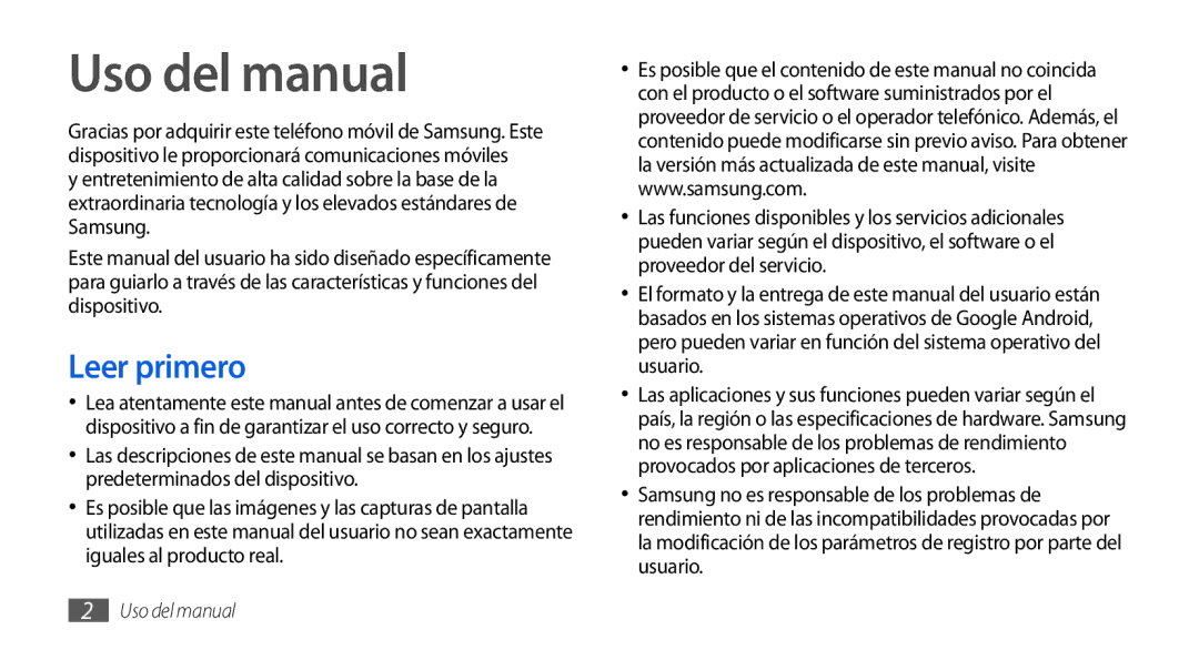 Samsung GT-I9001HKDATL, GT-I9001HKDDBT, GT-I9001HKDAMN, GT-I9001RWDAMN, GT-I9001HKDFOP Uso del manual, Leer primero 