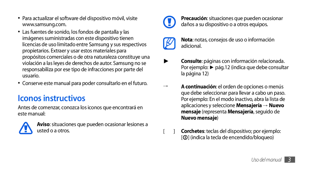 Samsung GT-I9001RWDAMN, GT-I9001HKDDBT manual Iconos instructivos, Nota notas, consejos de uso o información adicional 