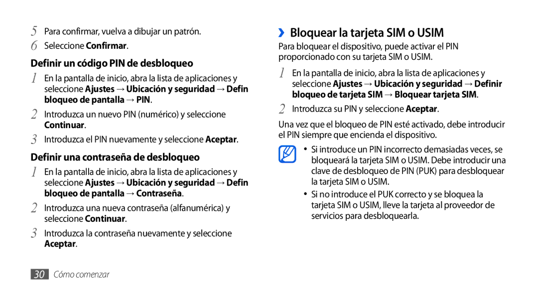 Samsung GT-I9001HKDDBT, GT-I9001HKDAMN, GT-I9001HKDATL, GT-I9001RWDAMN, GT-I9001HKDFOP manual ››Bloquear la tarjeta SIM o Usim 